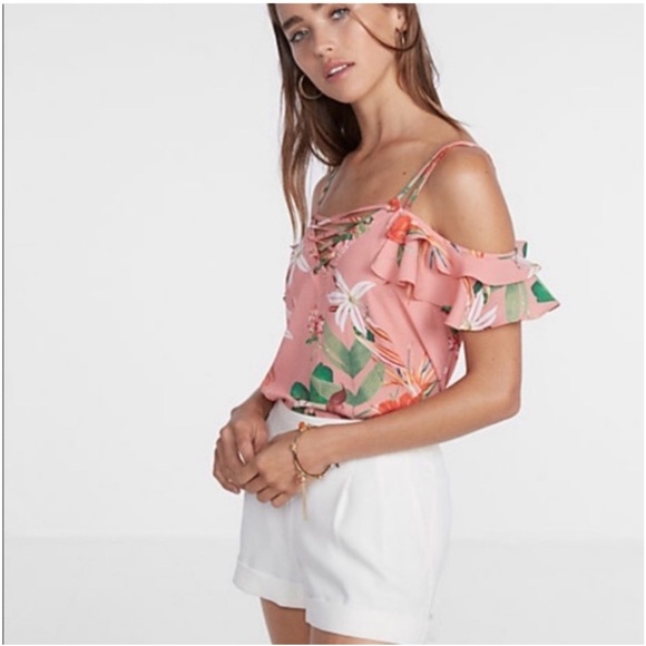Express Tropical Floral Lace Up Cold Shoulder Top NWT 50.00 - Picture 1 of 2